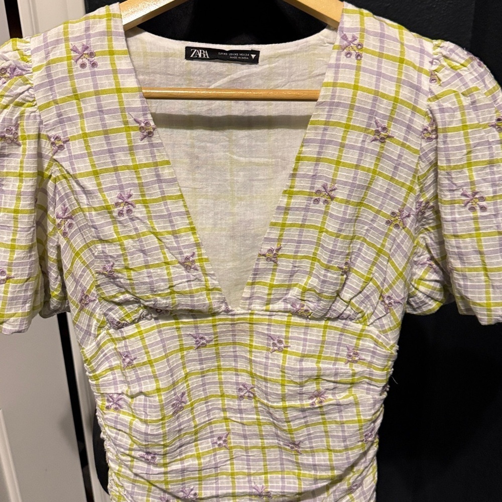 Zara Yellow and Purple Checkered V-Neck Dress - Picture 3 of 6
